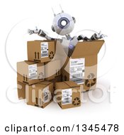 Poster, Art Print Of 3d Futuristic Robot Popping Out Of A Box On A Shaded White Background