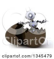 3d Futuristic Robot Popping Out Of A Chocolate Easter Egg On A Shaded White Background