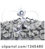 Poster, Art Print Of 3d Futuristic Robot Surrounded By Metallic Eggs On A Shaded White Background