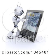 3d Futuristic Robot Using A Tablet Computer On A Shaded White Background