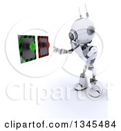 Poster, Art Print Of 3d Futuristic Robot Thinking Of White Button To Push On A Shaded White Background