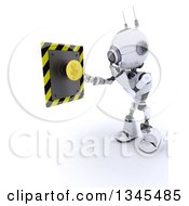 Poster, Art Print Of 3d Futuristic Robot Thinking About Pushing A Yellow Button On A Shaded White Background