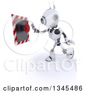Poster, Art Print Of 3d Futuristic Robot Pushing A Red Button On A Shaded White Background
