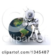 Poster, Art Print Of 3d Futuristic Robot Hugging Planet Earth On A Shaded White Background