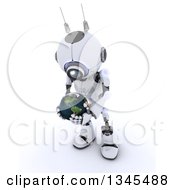 Poster, Art Print Of 3d Futuristic Robot Holding And Looking Down At Planet Earth On A Shaded White Background