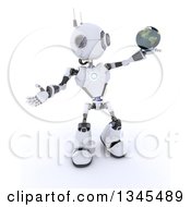 Poster, Art Print Of 3d Futuristic Robot Holding And Presenting Planet Earth On A Shaded White Background