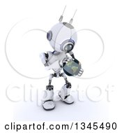 Poster, Art Print Of 3d Futuristic Robot Holding And Touching Planet Earth On A Shaded White Background