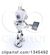 Clipart Of A 3d Futuristic Robot Holding A Tablet Computer On A Shaded White Background Royalty Free Illustration