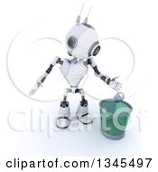 Poster, Art Print Of 3d Futuristic Robot Tossing A Can In A Transparent Recycle Bin On A Shaded White Background