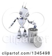 Poster, Art Print Of 3d Futuristic Robot Tossing A Can In A Metal Recycle Bin On A Shaded White Background