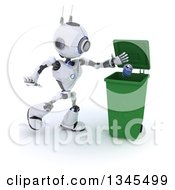 3d Futuristic Robot Tossing A Can In A Green Recycle Bin On A Shaded White Background