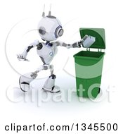 Poster, Art Print Of 3d Futuristic Robot Tossing A Carton In A Green Recycle Bin On A Shaded White Background