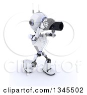 3d Futuristic Robot Photographer Walking And Taking Pictures On A Shaded White Background