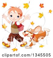 Poster, Art Print Of Cartoon Puppy Dog Following A And Caucasian School Boy As He Walks Through Autumn Leaves
