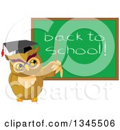 Cartoon Professor Owl Pointing To A Back To School Chalkboard