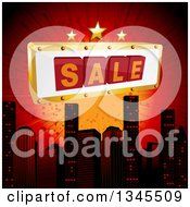 Poster, Art Print Of 3d Sale Sign With Stars Over A City Skyline And Red Burst