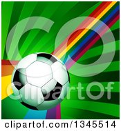 Poster, Art Print Of 3d Shiny Soccer Ball Over A Curving Rainbow And Green Rays