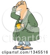 Poster, Art Print Of Cartoon Chubby White Man In His Robe Scratching His Head And Holding A Coffee Mug