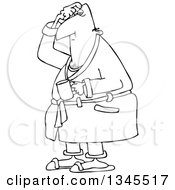 Poster, Art Print Of Cartoon Black And White Chubby Man In His Robe Scratching His Head And Holding A Coffee Mug
