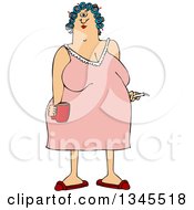 Poster, Art Print Of Cartoon Chubby White Woman In A Night Gown Her Hair In Curlers Smoking A Cigarette And Holding A Coffee Mug