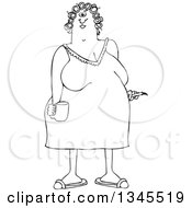 Outline Clipart Of A Cartoon Black And White Chubby Woman In A Night Gown Her Hair In Curlers Smoking A Cigarette And Holding A Coffee Mug Royalty Free Lineart Vector Illustration