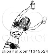 Clipart Of A Black And White Party Woman Holding Up Drinks And Dancing Royalty Free Vector Illustration by dero