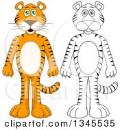 Poster, Art Print Of Cartoon Colored And Black And White Outline Standing Tigers