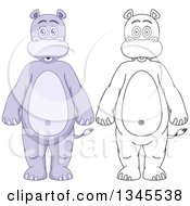 Clipart Of Cartoon Colored And Black And White Outline Standing Hippos Royalty Free Vector Illustration