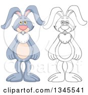 Poster, Art Print Of Cartoon Colored And Black And White Outline Standing Rabbits