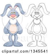 Clipart Of Cartoon Colored And Black And White Outline Standing Rabbits Royalty Free Vector Illustration by Liron Peer