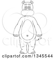 Clipart Of A Cartoon Black And White Outline Standing Hippo Royalty Free Vector Illustration