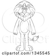 Clipart Of A Cartoon Black And White Outline Standing Male Lion Royalty Free Vector Illustration