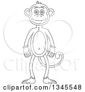 Clipart Of A Cartoon Black And White Outline Standing Monkey Royalty Free Vector Illustration