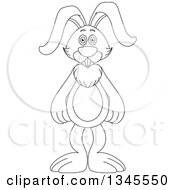 Clipart Of A Cartoon Black And White Outline Standing Rabbit Royalty Free Vector Illustration by Liron Peer