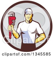 Poster, Art Print Of Retro Caucasian Male Plumber Holding A Monkey Wrench In A Brown And Gray Circle