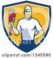 Poster, Art Print Of Retro Caucasian Male Plumber Holding A Monkey Wrench In A Blue White And Yellow Shield