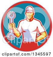 Clipart Of A Retro White Male Mechanic Holding A Wrench In A Circle Royalty Free Vector Illustration