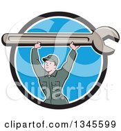 Clipart Of A Cartoon Proud White Male Mechanic Lifting A Giant Wrench Over His Head In A Black White And Blue Circle Royalty Free Vector Illustration