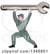Clipart Of A Cartoon Proud White Male Mechanic Lifting A Giant Wrench Over His Head Royalty Free Vector Illustration