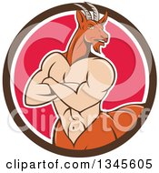 Poster, Art Print Of Cartoon Pan Faun With Folded Arms In A Brown White And Pink Circle