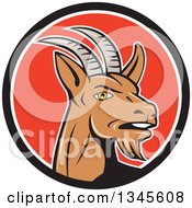 Poster, Art Print Of Cartoon Mountain Goat In A Black White And Red Circle