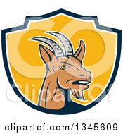 Clipart Of A Cartoon Mountain Goat In A Navy Blue White And Yellow Shield Royalty Free Vector Illustration