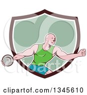 Retro Cartoon Bald Male Athlete Throwing A Discus Emerging From A Brown White And Green Shield