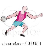 Retro Cartoon Bald Male Athlete Throwing A Discus