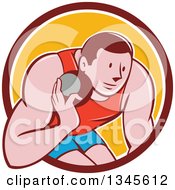 Poster, Art Print Of Retro Cartoon Male Athlete Throwing A Shotput In A Brown White And Yellow Circle