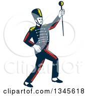 Retro Woodcut Marching Band Drum Major Holding Up A Baton