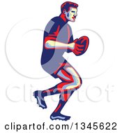 Poster, Art Print Of Retro Male Rugby Player Athlete Running With The Ball