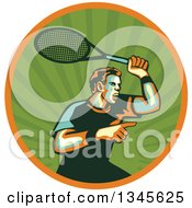 Poster, Art Print Of Retro Male Tennis Player Athlete Pointing And Holding Up A Racket In A Green Ray And Orange Circle