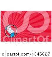 Clipart Of A Cartoon White Male Golfer Swinging In A Circle And Pink Rays Background Or Business Card Design Royalty Free Illustration