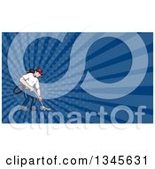 Poster, Art Print Of Cartoon White Male Janitor Worker Vacuuming And Dark Blue Rays Background Or Business Card Design